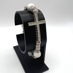White Stone Stretch Bracelet with Rhinestone Cross Charm | Silver-Tone Boho